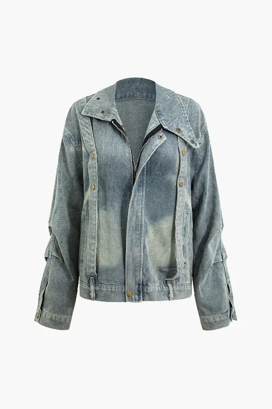 Oversized Distressed Asymmetrical Collar Denim Jacket