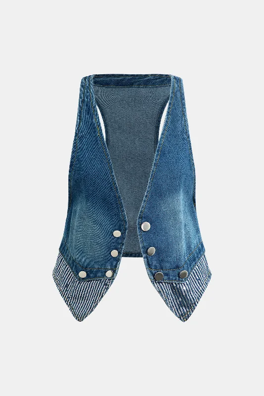 Striped Hem Button Detail Denim Vest