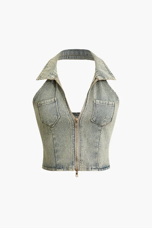 Distressed Denim Halter Neck Zip-Up Crop Vest