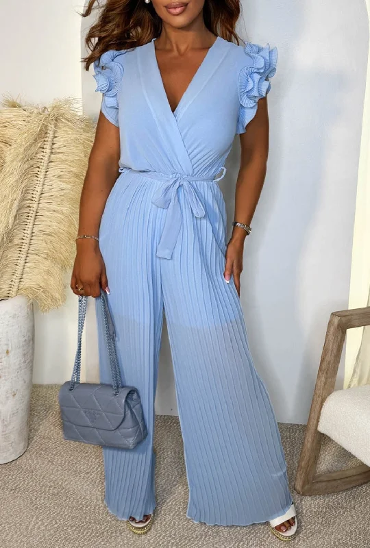 Nice To Meet You Baby Blue Pleated Ruffle Shoulder Jumpsuit