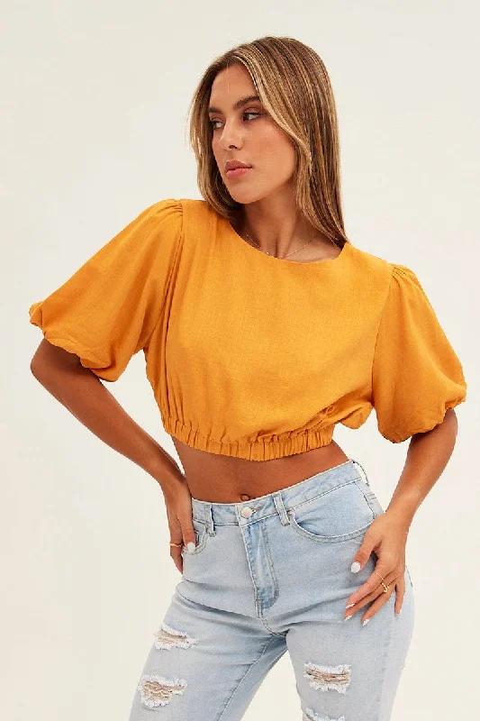 Orange Crop Top Half Sleeve Boat Neck Linen Blend