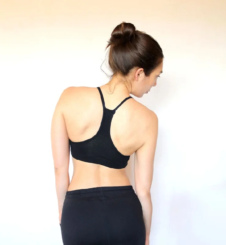 Black Organic Cotton Sports Yoga Bra. Skinny Racer Back.