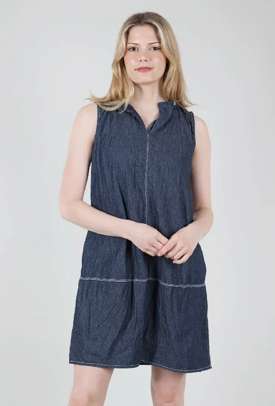 Crinkled Denim Shift Dress, Blue