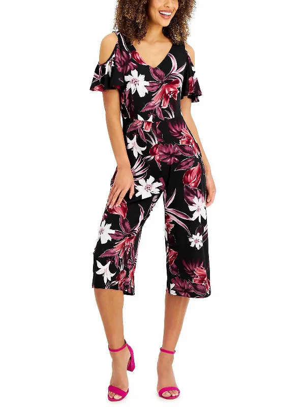 Petites Womens V Neck Floral Jumpsuit