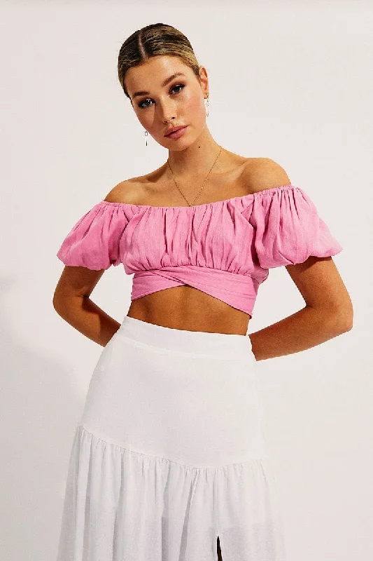 Pink Crop Top Short Sleeve Sweetheart Neckline Tie Back