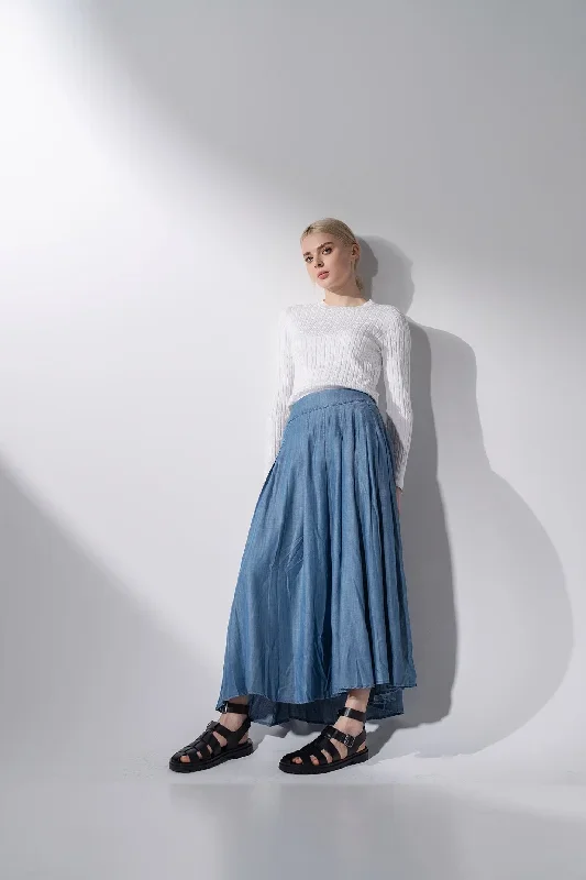 CHAMBRAY DENIM PLEATED SKIRT-BLUE