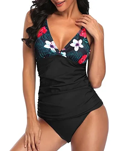 Slimming Panel Tankini Top With Swim Bottom Bathing Suits For Women-Black Floral