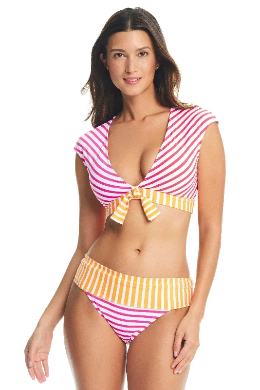 Smooth Operator Tie Front Cap Sleeve Bikini Crop Top in Stripe