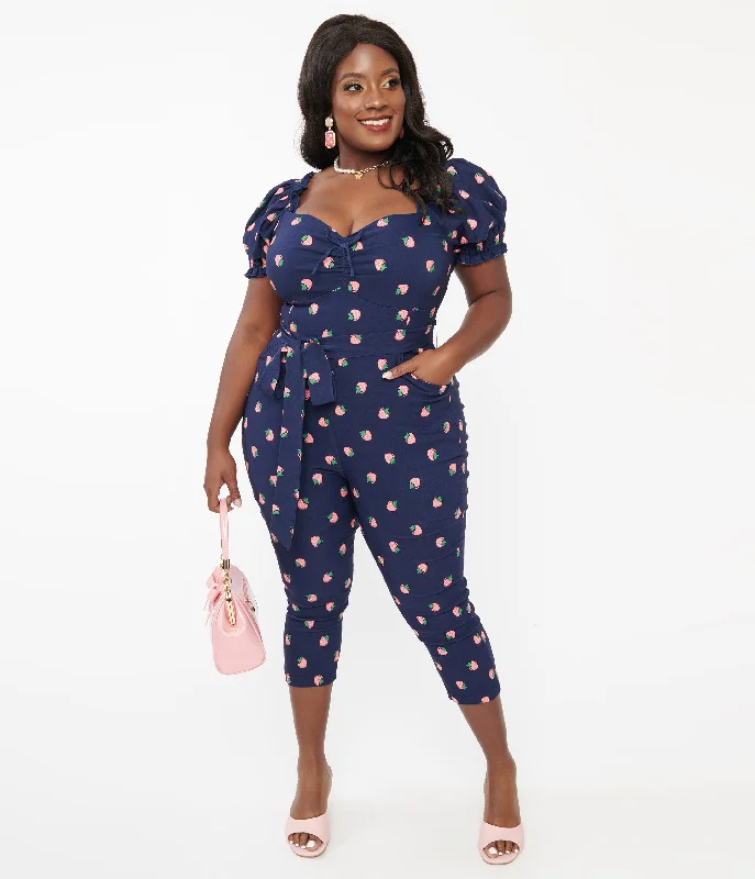 Unique Vintage Plus Size Navy & Pink Strawberry Stamp Belted Jumpsuit