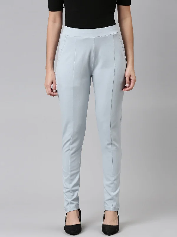 Women Solid Dusty Blue Stretch Ponte Pants