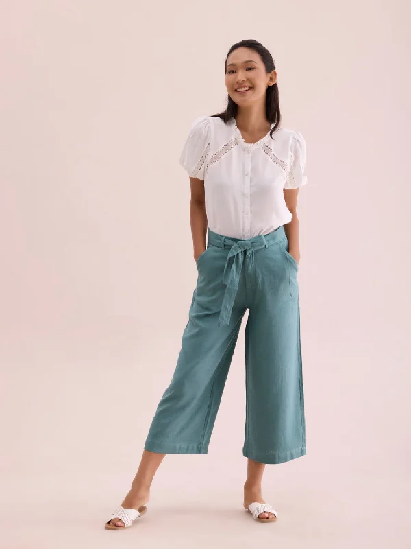 Women Solid Ocean Green Linen Mid Rise Culottes