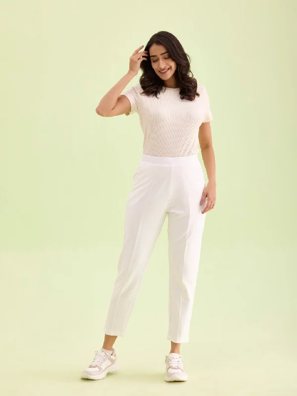 Women Solid White Stretch Ponte Pants